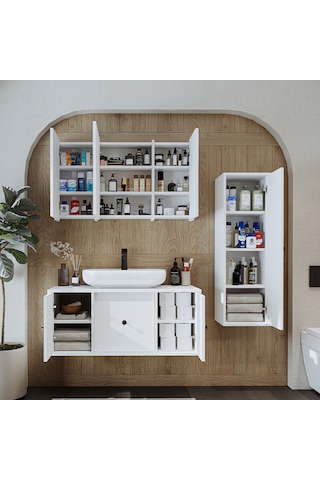 Oval Lavabolu Mat Mdf 105 Cm Çekmeceli Banyo Dolabı + Aynalı Dlp Mat Beyaz