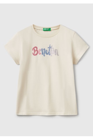 Kız Çocuk Krem Simli Logo Baskılı T-shirt Bej