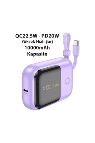 Hoco Q20 Fountain 10000mah 22.5w+pd20w Dijital Göstergeli Kablolu Powerbank Mor Mor