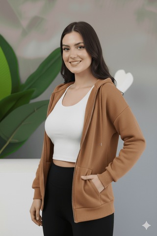 Kadın Genç Unisex Cepli Kapüşonlu Fermuarlı Sweatshirt Hırka Açık Kahve