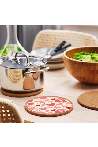 Lexroo Pembe Kalp Desenli Mantar Nihale Tencere Tava Altlığı 19cm Çapında 1cm Kalınlığında
