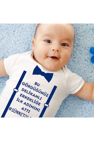 Sünnet Oldum Erkekliğe İlk Adım Baskılı Çıtçıtlı %100 Organik Pamuk Bebek Body Zıbın Beyaz