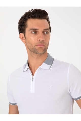 Beyaz Slim Fit %100 Pamuk Fermuarlı Polo Yaka T-shirt