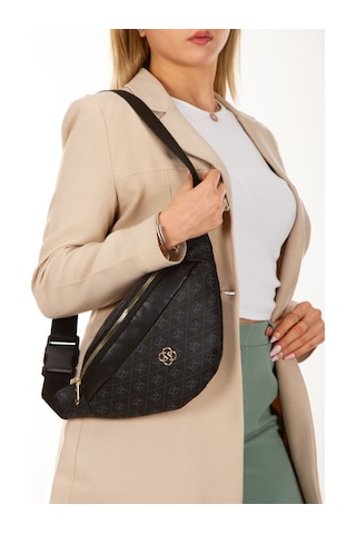 Newish Polo Kadın Desenli Çapraz Omuz Askılı Bel Omuz Çanta Siyah