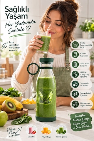 Taşınabilir Şarjlı Blender 420 Ml 40w Usb Şarjlı Smoothie Ve Meyve Suyu Blenderi Yeşil