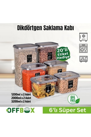 Offbox Dikdörtgen Bakliyat Baharat Gıda Saklama Kabı - 3 Çeşit - 6 Adet Antrasit Şeffaf