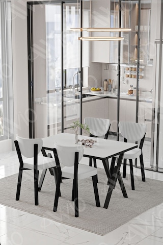 Avvio Carla Elma Sandalye 80x120 Yemek Masası Mutfak Masası 4 Kişilik Masa Sandalye Takım Düz Beyaz