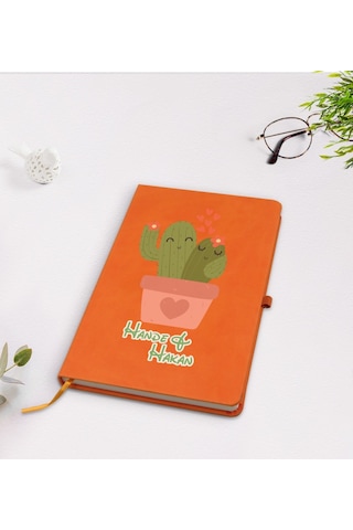 Kişiye Özel Kaktüs Tasarımlı Turuncu Termo Deri Defter Model 11