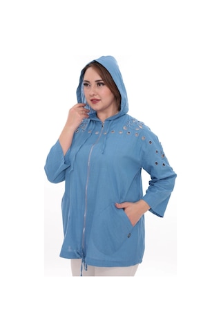 Lady Majestic Büyük Beden %100 Cotton Kapüşonlu Hırka Rahat Ve Şık Tasarım - 44462 Mavi