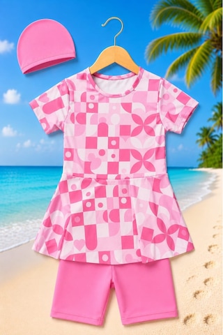 My Kids Wear Kız Çocuk Desenli Şortlu Bone Li Mayo Takımı 12874 Pembe - Beyaz