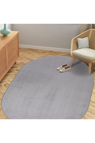Comfort Oval Overloklu Peluş Halı Gri Gri Overloklu Oval