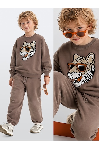 Deno Kids Denokids Erkek Çocuk Eşofman Takım Kaplan Aplikeli Kahverengi %100 Pamuk Kışlık Oversize 5-11 Yaş Çok Renkli