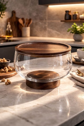 Qerhome Borosilikat Cam Lüks Akasya Kapaklı Ve Akasya Ayaklı Cam Kase - Sunumluk-salata Kasesi 20 Cm Düz Şeffaf