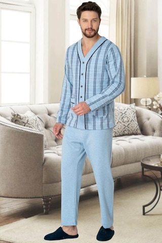 Mecit Pijama Mecit 2767 Mavi Önden Düğmeli Büyük Beden Erkek Pijama Takımı 001