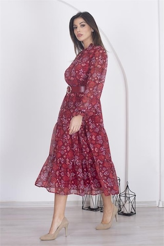 Neşeli Butik Kadın Astarlı Etnik Desenli Şifon Elbise Rsnb002 - Bordo Bordo