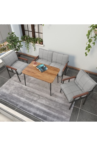 Mygusi Modern Balkon, Bahçe, Cafe - Metal Kanepe Koltuk Takımı - 2+1+1 Masa Açıkgri Açık Gri