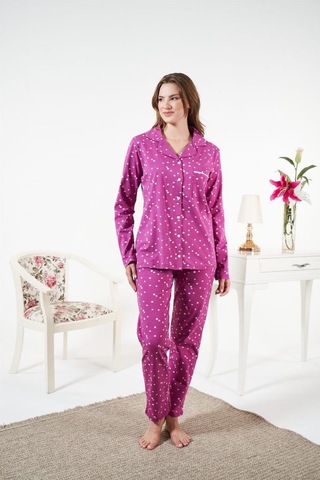 Estiva Likralı Penye Önden Düğmeli Bayan Pijama Takım Mürdüm