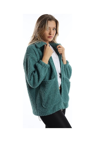 Kadın Fermuarlı Stoper Detaylı Kıvırcık Peluş Ceket Petrol