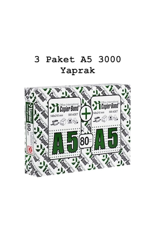 Copier Bond A5 Fotokopi Kağıdı 3 Paket 1000 Yaprak X 3 Toplam 3000 Yaprak Genel