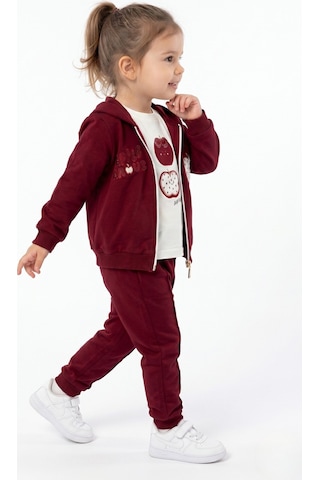 Toontoy Kids Toontoy Kız Çocuk 3'lü Eşofman Takımı Uzun Kollu Bisiklet Yaka Nakışlı T-shirt - Kapüşonlu Fermuarlı Hırka- Beli Paçası Lastikli Eşofman Altı 25040 Bordo