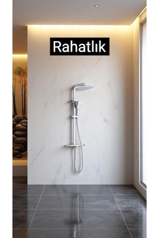 İsaoğlu Yapı Banyo Duş Sistemi Tepe Yağmurlamalı Kare Borulu Kare Tasarım Premium Duş Başlığı Gri
