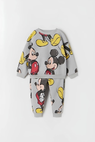 Unisex Çocuk Mickey Mouse Baskılı Gri 3 İplik Şardonsuz Kışlık Sweat Ve Eşofman Alt Üst Takım Gri