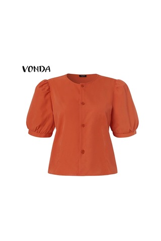 Turuncu Vonda Kadın Yaz Yuvarlak Yaka Puf Kısa Kollu Düğmeli Düz Renk Bol Bluz Turuncu
