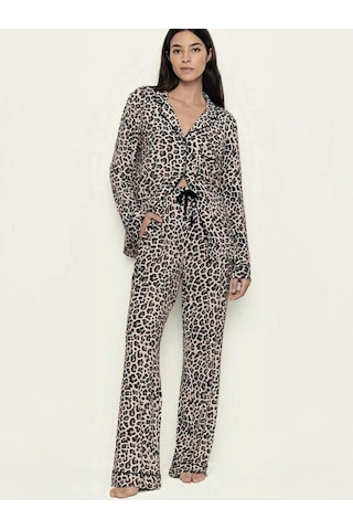 Dofi Kadın Düğmeli Leoparlı Pijama Takımı - Kahverengi