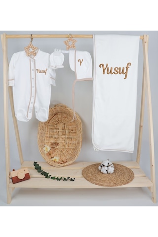 Gros Shop %100 Pamuk Organik 4'lü Hastane Çıkış Tulum Seti Kişiye Özgü İsimli Nakış Desenli Çok Renkli