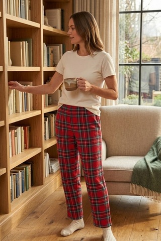 Mataş Kadın Ekose Desenli Pijama Altı Lastikli Bel Ev Giyim Pantolonu Kırmızı