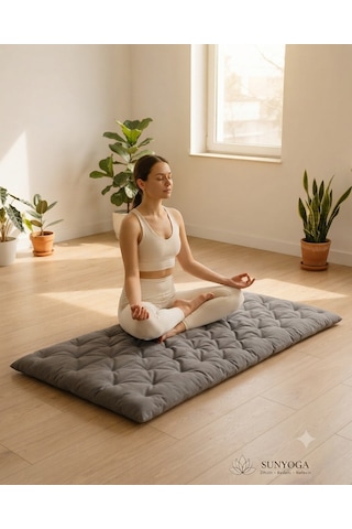 Pamuk Kapitone Meditasyon Minderi 180x60 Cm - Konforlu Yoga Matı Ve Yer Minderi Gri