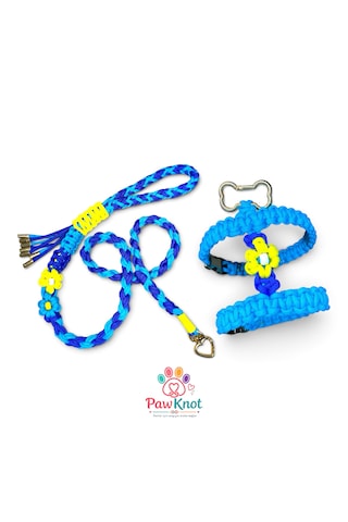 Sky Bloom Set Köpek/kedi Geöğüs Tasması Ve Gezdirme Kayışı Paracord El Yapımı Mavi - Lacivert - Sarı