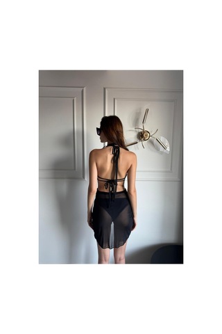 Gugus 3-lü Bikini Takımı / Kalpli Pareo + Alt Bikini + Üst Bikini Siyah