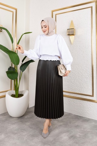 Hira Life Fashion Kadın Tesettür Giyim Ve Deri Görünümlü Beli Lastik Detayı İle Piliseli Uzun Etek Antrasit Antrasit