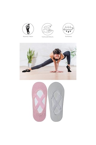 2 Adet Kadın Kaydırmaz Tabanlı Yoga Pilates Fitness Dans Ve Spor Çorabı Pembe - Beyaz