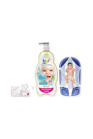 Bornozlu Banyo Seti 3 Parça: Bornoz Seti + Uni Baby Şampuan + Sema Baby Küvet Filesi - Mavi