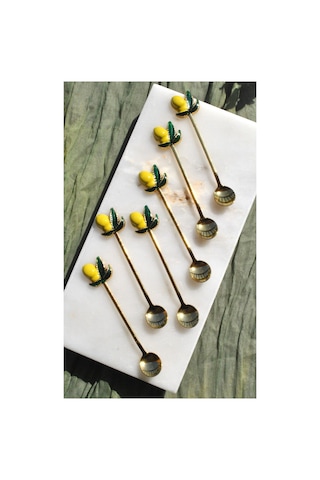 6 Adet Limonlu Gold Çay Kaşığı Sunum Limon Dekorlu Çay Kaşık
