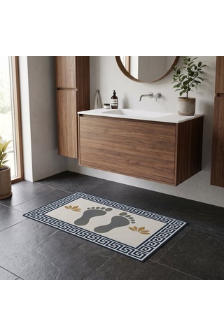 Kartela Halı Ayak İzi Desenli Banyo Paspası Lacivert Kaymaz Taban Makinede Yıkanabilir 60x90 Cm