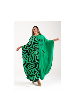 Kadın Yeşil Sıfır Yaka Desen Garnili Nakışlı Cepli Oversize Uzun Elbise - Yesıl