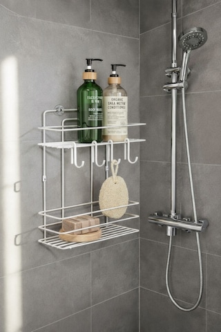 Sas Haus Lüks Beyaz Metal 2 Katlı Banyo Rafı Şampuanlık Ve Duş Rafı Askılı Yapışkanlı Duvara Monte Tş-02 beyaz