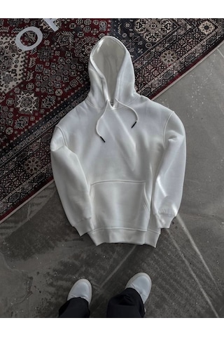 Mbb E-ticaret Kadın Kapüşonlu Kanguru Cepli 3 İplik Pamuklu Oversize Hoodie Sweatshirt - Beyaz