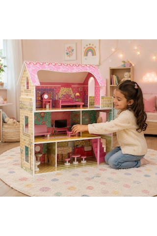 Vardem 10 Parça Ahşap Ev Seti, 70,2 X 60,5 X 24 Cm Mobilyalı Oyuncak Ev, Aksesuarlı Çocuk Evcilik Seti, Ahşap Bebek Evi Ve Rol Yapma Oyuncağı Tx1055 Abanoz - Beyaz