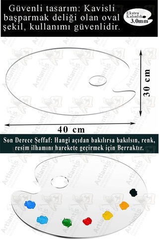 Pleksi Akrilik Resim Paleti 30x40 3mm 2 Adet Oval Palet Plastik Şeffaf Resim Boya Paleti Orta Boy Boyama Tepsisi