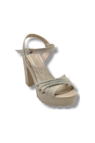 Selfie 4260-26 Rugan Taşlı Çapraz Bant Platform Topuk Fashion Kadın Sandalet 11cm Bej