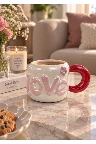 Dear Love Lüsterli Kırmızı Porselen Kupa 480 Ml-7744 Çok Renkli