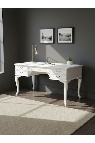 Throne Fransız Still Çekmeceli Ahşap Çalışma Masası 75x160 Beyaz