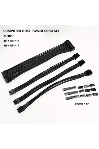Xuweiwei Siyah Tel Tarakli Psu Kablo Uzatma Seti 1x24 Pin 1x8 Pin 4+4 Eps 2x8 Pin 6p+2p Pcıe Atx Guc Kaynagi