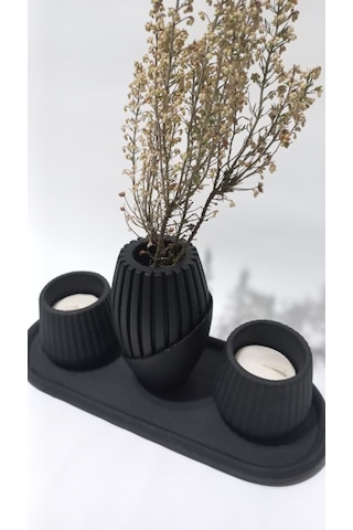 İskandinav Tabaklı Vazolu Tealight Mumluk Set Siyah