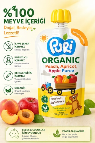 Organic %100 Organik Meyve Püresi Şeftali - Kayısı - Elma 100 G İlave Şekersiz