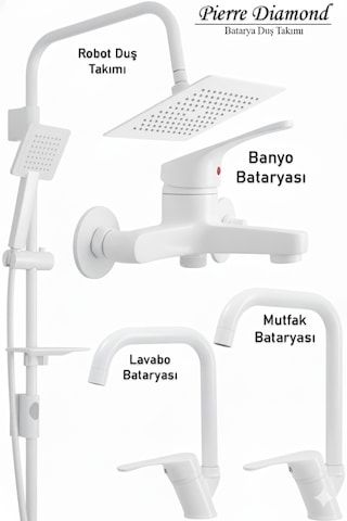 66231 Lavabo Banyo Mutfak Bataryası Ve Robot Duş Takımı Köşe Borulu Siyah Krom Beyaz Beyaz